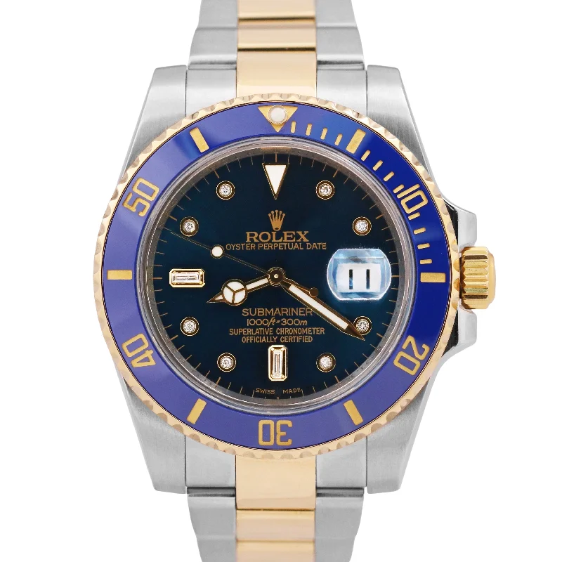 Stunning Women’s Watches With Gemstone Features-MINT Rolex Submariner Date BLUE DIAMOND 40mm Two-Tone Stainless 18K Gold 116613