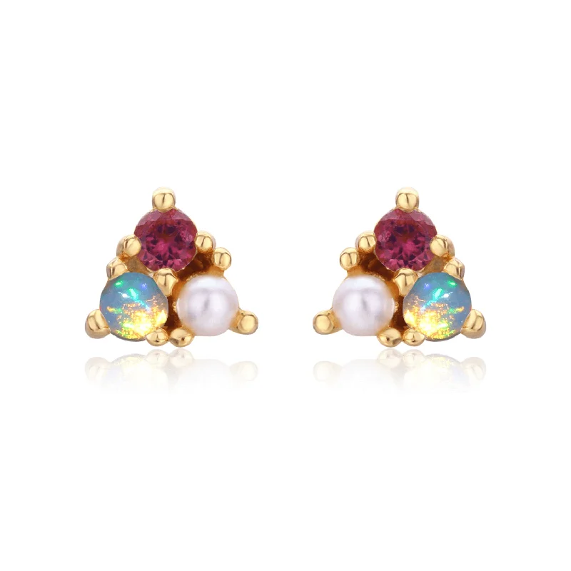 Handmade Gold Earrings For Unique Gifts-Opal Pink Tourmaline Pearl Trio Earring Studs