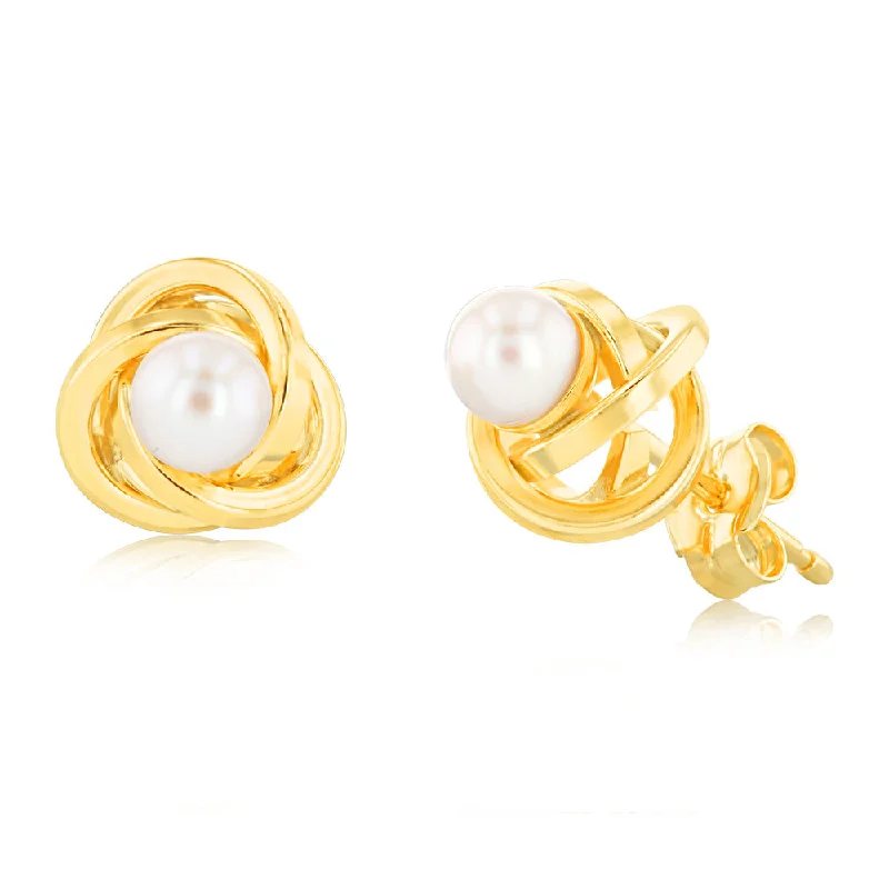 Customizable Earrings For Special Events-9ct Yellow Gold 4mm Fresh Water Pearl Knot Stud Earrings