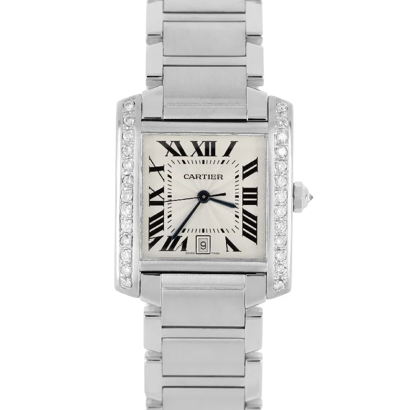 Trendy Smart Watches For Fashion-Forward Looks-Cartier Tank Francaise Steel DIAMONDS White Guilloche 28mm 2302 Watch