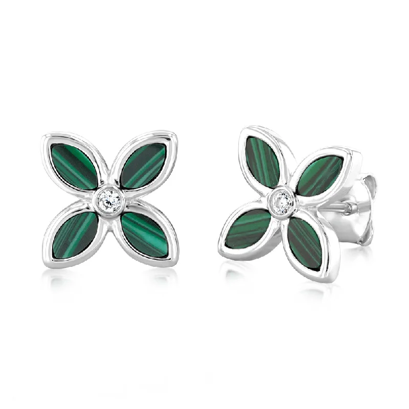 Trendy Gemstone Earrings For Stylish Looks-Sterling Silver Rhodium Plated Created Malachite Four Petal Stud Earrings