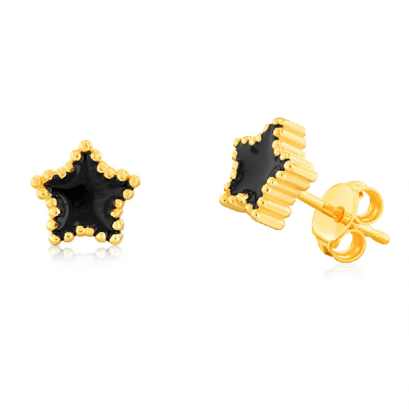 Unique Hoop Earrings For Creative Style-Sterling Silver Gold Plated Black Enamel Star Stud Earrings