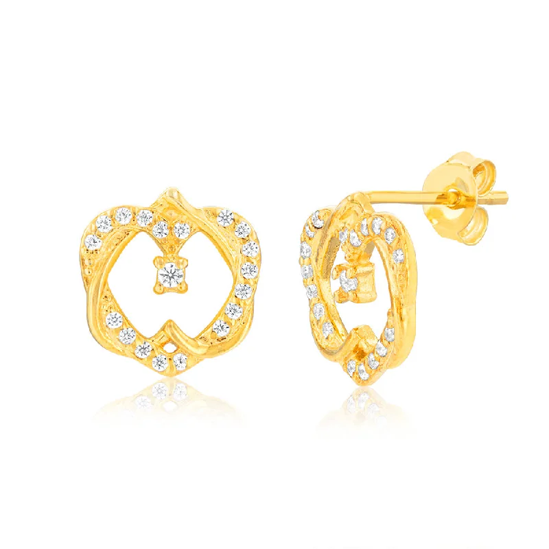 Chic Silver Earrings For Stylish Women-Gold Plated Sterling Silver Hearts Overlay Cubic Zirconia Earrings