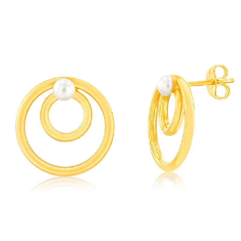 Beaded Dangle Earrings For Casual Days-Sterling Silver Gold Plated Double Circle With Synthetic Pearl Stud Earrings