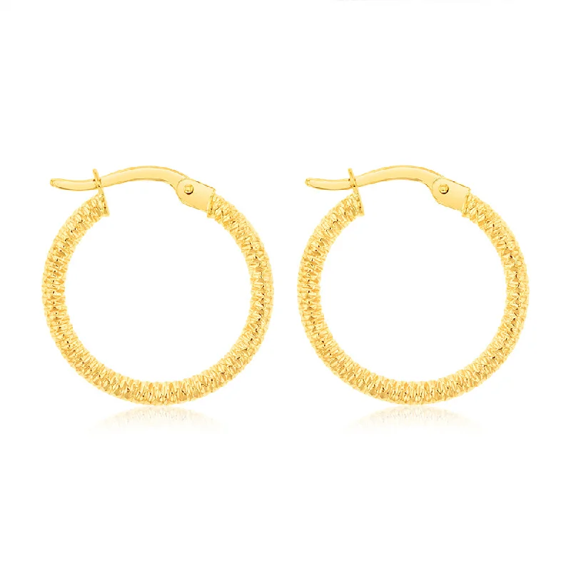 Handmade Resin Earrings For Bold Style-9ct Yellow Gold 15mm Textured Hoop Earrings