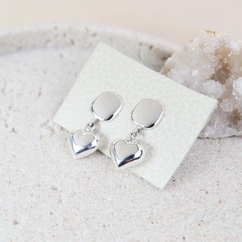 Modern Earrings For Sleek Fashion-Square Post with Heart Drop Earrings