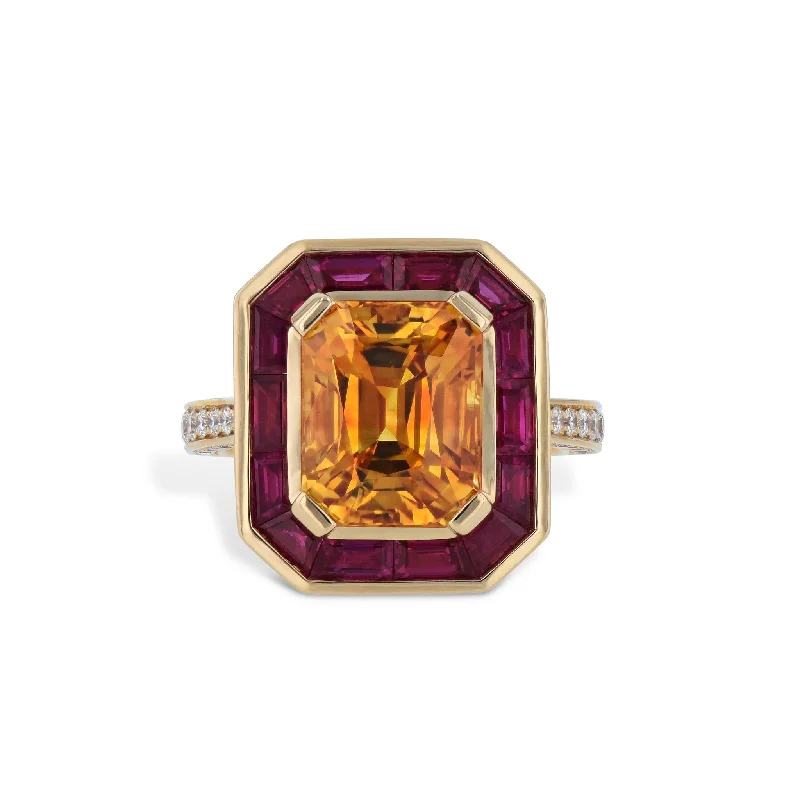 Simple Gemstone Wedding Rings For Elegant Wear-Yellow Sapphire Ruby Diamond 18K Yellow Gold Ring