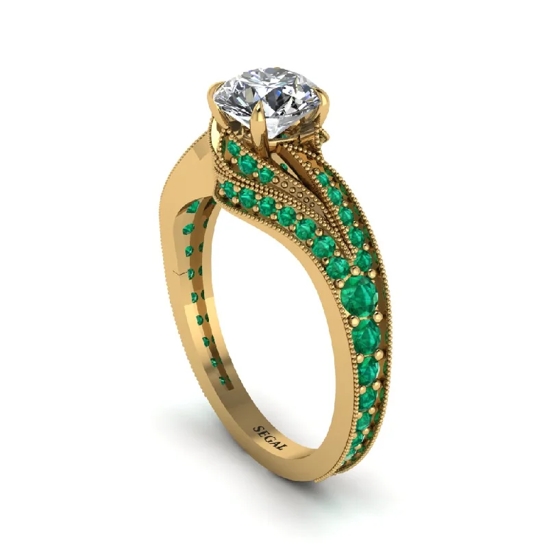 Classic Wedding Rings For Bridal Fashion-Emerald 14K Gold Pave Engagement Ring - Magnolia No. 16