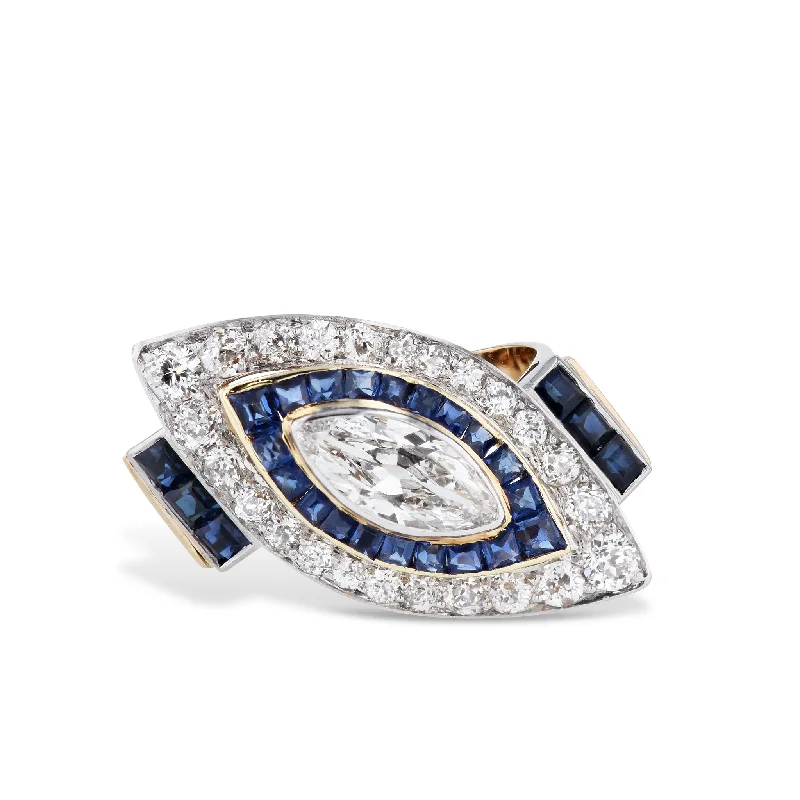 Affordable Wedding Rings For Budget-Friendly Couples-Art Deco Marquise Diamond Sapphire Estate Ring