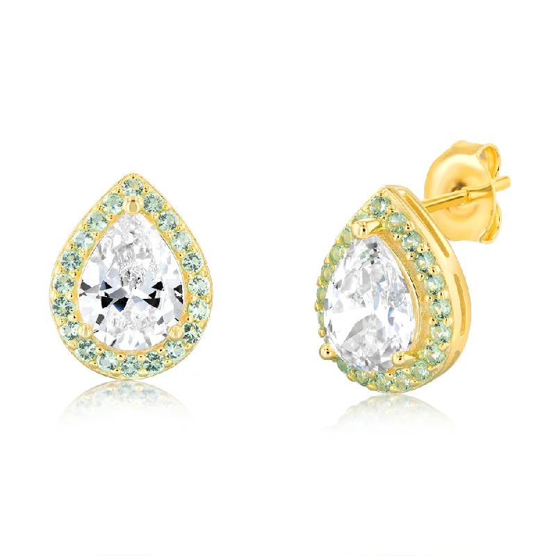 Stylish Diamond Earrings For Elegant Fashion-Sterling Silver Gold Plated Pear Shaped Green And White Zirconia Stud Earrings