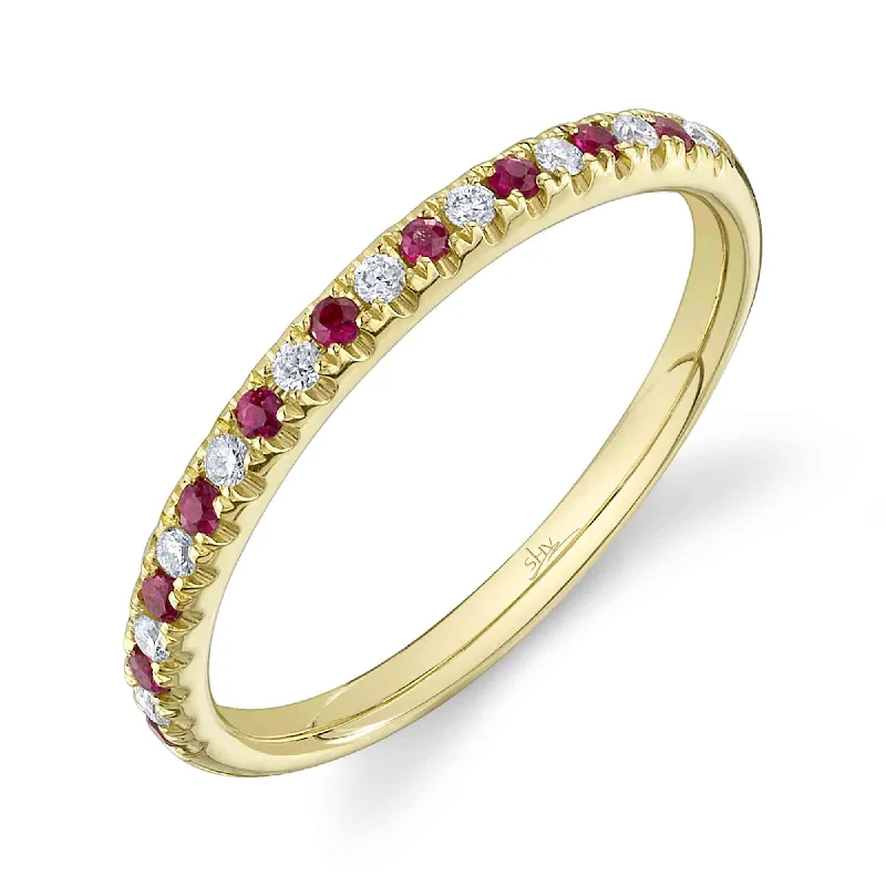 Classic Wedding Bands For Timeless Love-14kt Yellow Gold Lady's Band with 0.10ct TW Diamond & 0.10ct Ruby Band Sz.6