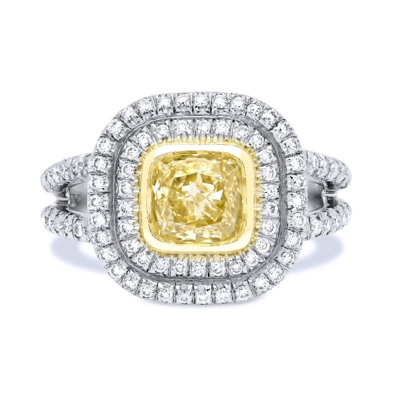 Custom Diamond Rings For Personalized Glam-1.03 Carat Fancy Yellow Cushion Cut Diamond And Pave Diamond Gold Ring